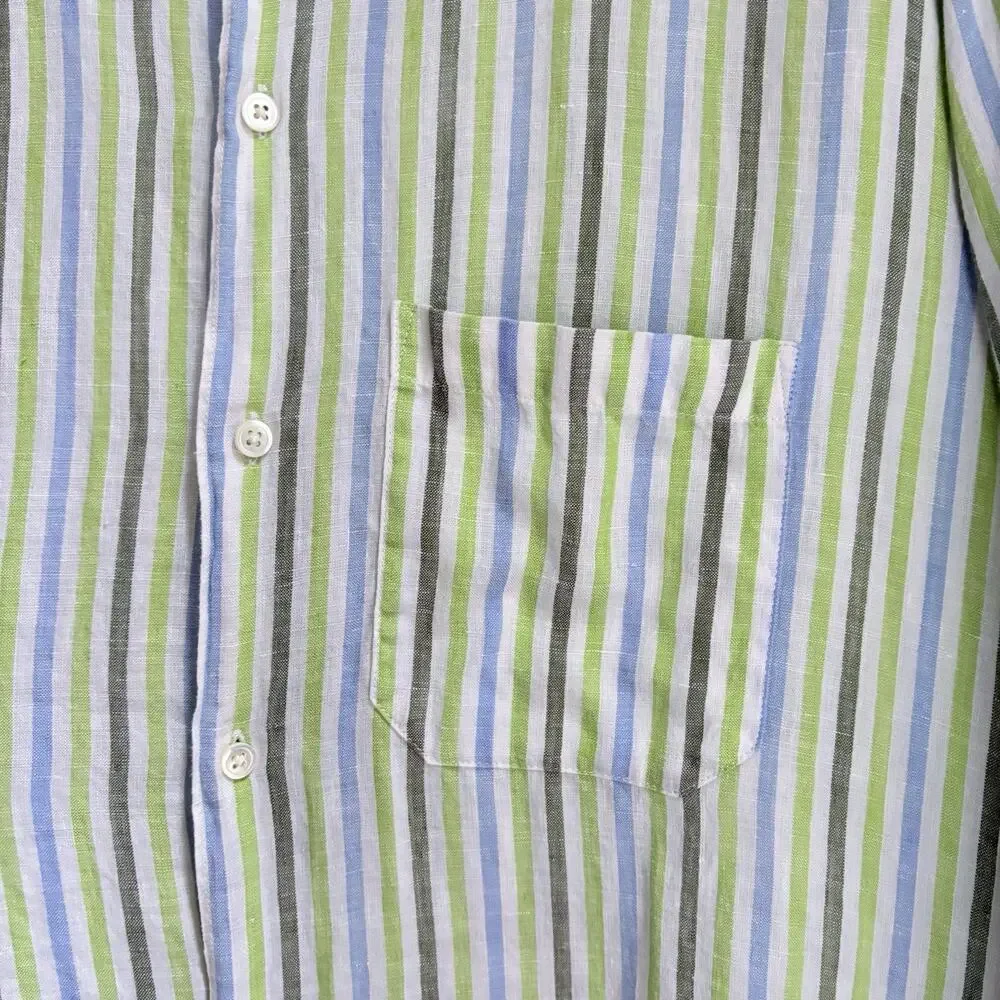 Banana Republic Mens L Linen Striped Button Front Shirt Long Sleeve Green Blue
